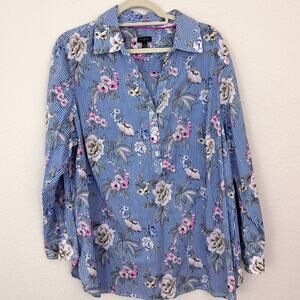 Talbots Women Blouse Top Size 2X 100% Cotton Floral Lightweight Classic Blue